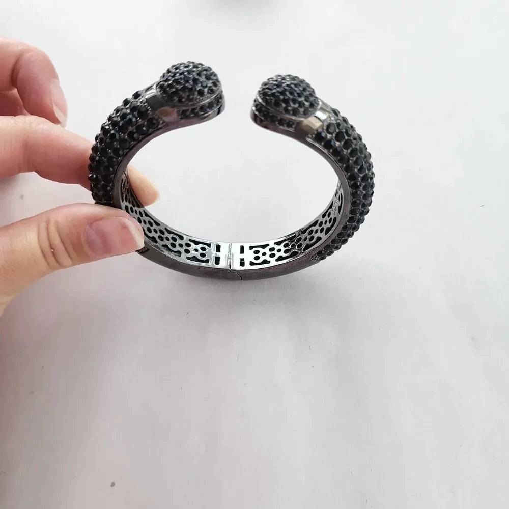 Vintage Joan Boyce Black Rhinestone Gunmetal Clamper Bangle‎ Bracelet Crystals